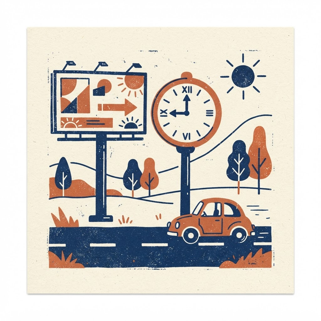 A billboard beside a clock and passing car