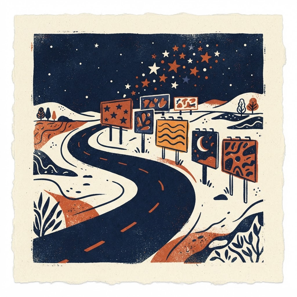 A winding road leading toward colorful billboards