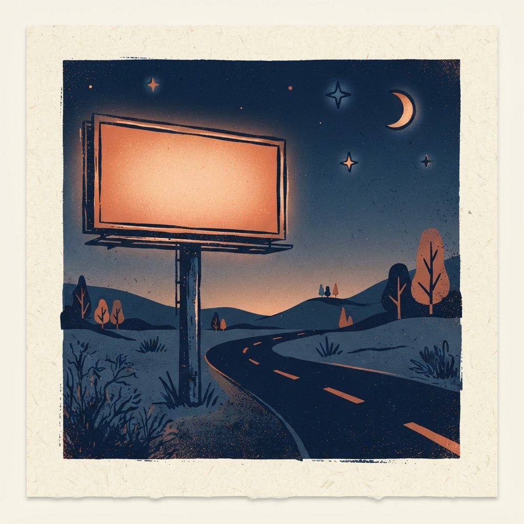 A glowing blank roadside billboard